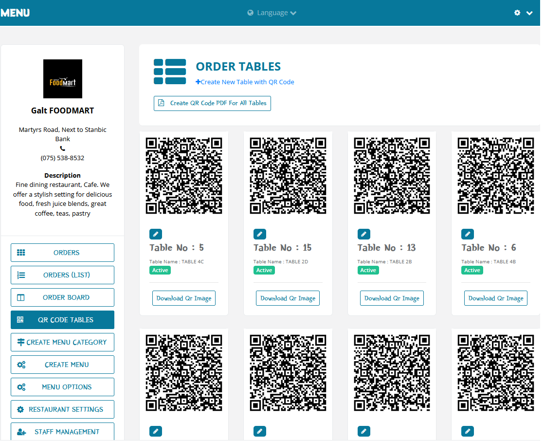 QR codes for each table