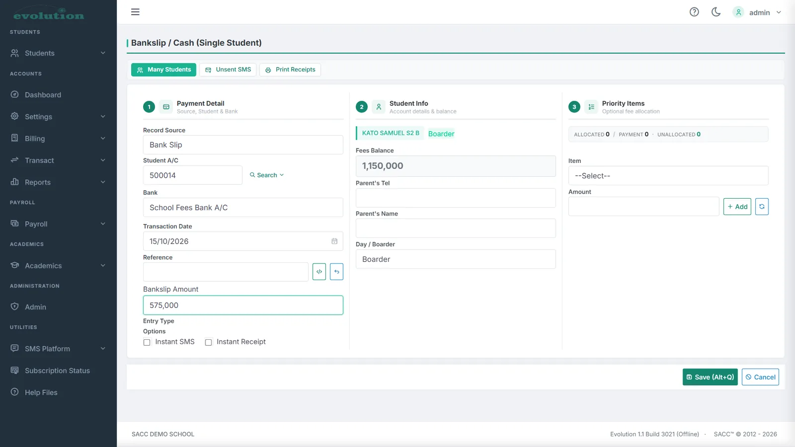 Recording a fees payment from a bank slip